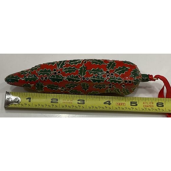Rare Cloisonné Red Hot Chili Pepper Holly Berry Christmas Ornament With Box 5.5" - Picture 8 of 8